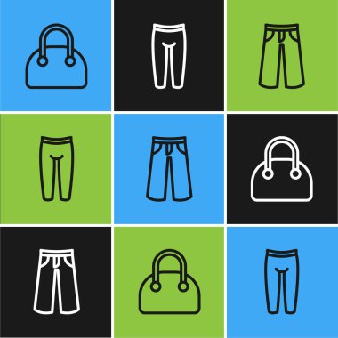 Set line Handbag, Pants and Leggings icon. Vector
