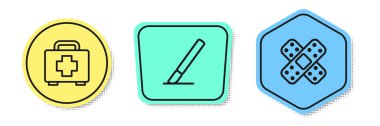 Set line First aid kit, Surgery scalpel and Crossed bandage plaster. Colored shapes. Vector