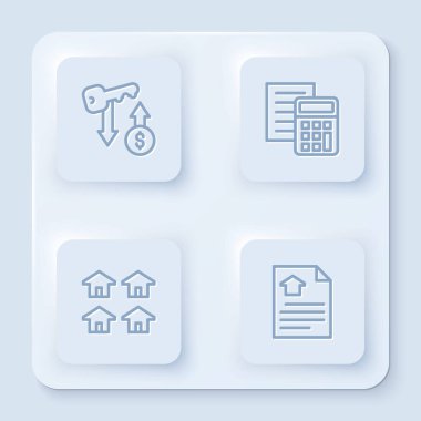 Set line Rent key, Calculator, Real estate and House contract. White square button. Vector