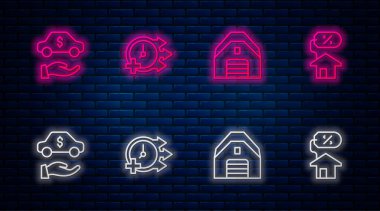Set line Clock, Garage, Car rental and House with percant. Glowing neon icon on brick wall. Vector