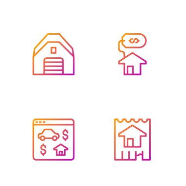 Set line House, Online real estate, Garage and with dollar. Gradient color icons. Vector