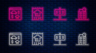 Set line House, with dollar, Online real estate and . Glowing neon icon on brick wall. Vector