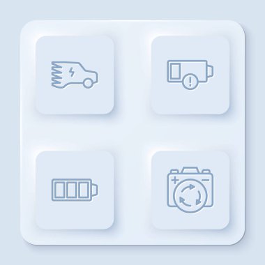 Set line Electric car, Low battery, Battery charge and with recycle symbol. White square button. Vector