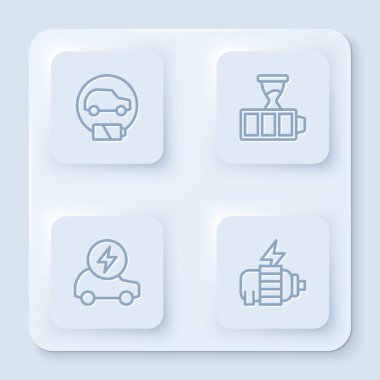 Set line Electric car, Battery charge, and motor. White square button. Vector