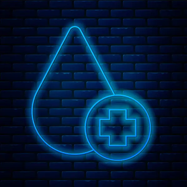 Glowing neon line Donate drop blood with cross icon isolated on brick wall background. Vector — Image vectorielle