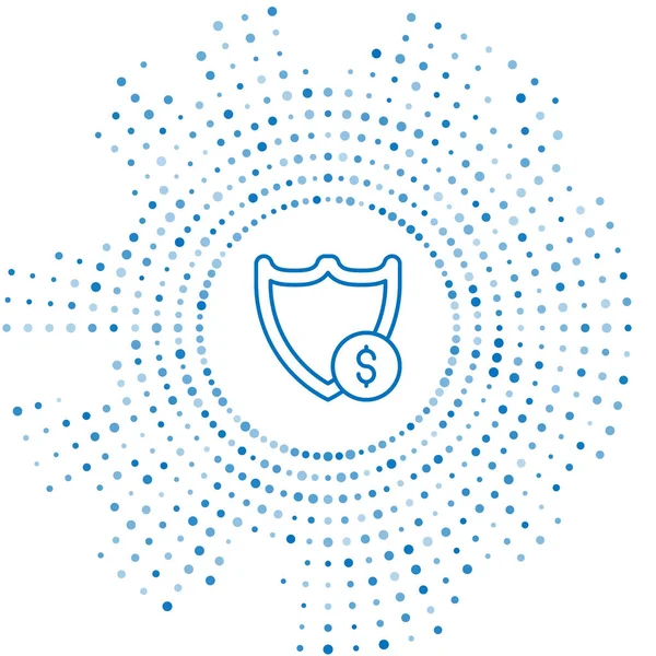 Escudo de línea azul con símbolo de dólar icono aislado sobre fondo blanco. Protección del escudo de seguridad. Concepto de seguridad monetaria. Puntos aleatorios de círculo abstracto. Vector — Vector de stock