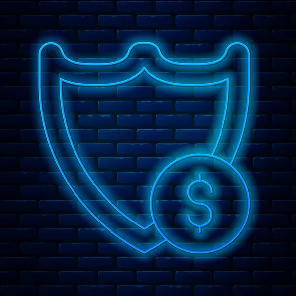 Zářící neonová čára Štít s ikonou symbolu dolaru izolované na pozadí cihlové zdi. Ochranný štít. Koncept zabezpečení peněz. Vektor — Stockový vektor