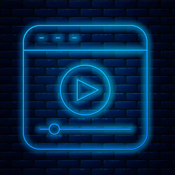 Glowing neon line Live streaming online videogame play icon isolated on brick wall background. Vector — Stock Vector