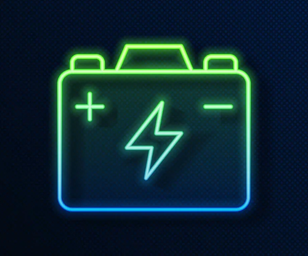 Glowing neon line Car battery icon isolated on blue background. Accumulator battery energy power and electricity accumulator battery. Vector — Stock Vector