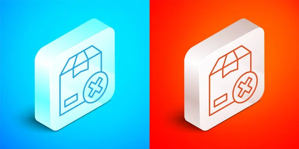 Isometric line Carton cardboard box and delete icon isolated on blue and red background. Box, package, parcel sign. Delivery and packaging. Silver square button. Vector — Stock vektor