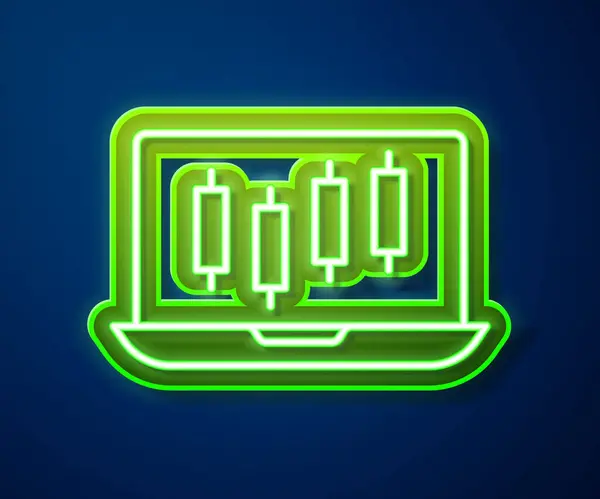 Glowing neon line Laptop with stocks market growth graphs and money icon isolated on blue background. Monitor with stock charts arrow on screen. Vector — Vettoriale Stock