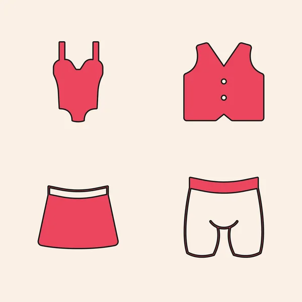 Set Cycling shorts, Swimsuit, Waistcoat and Skirt icon. Vector — Stok Vektör