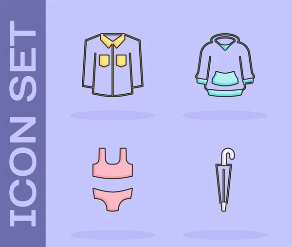Set Umbrella, Shirt, Swimsuit and Hoodie icon. Vector — Stock Vector