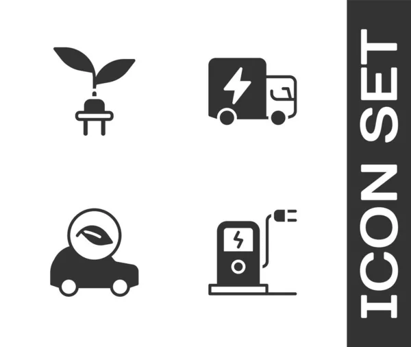 Set Electric car charging station, saving plug leaf, Eco and truck icon. Vector — Archivo Imágenes Vectoriales