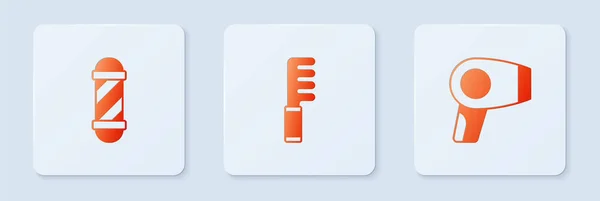 Set Hairbrush, Classic Barber shop pole and dryer. White square button. Vector — Wektor stockowy