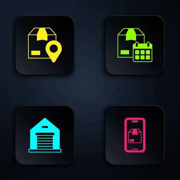Set Mobiele app delivery tracking, Locatie met kartonnen doos, Pakhuis en Kartonnen kalender. Zwarte vierkante knop. Vector — Stockvector