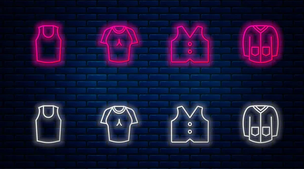 Set ligne T-shirt, gilet, maillot de corps et pull. Icône lumineuse au néon sur le mur de briques. Vecteur — Image vectorielle