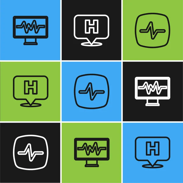 Set line Monitor with cardiogram, Heart rate and Location hospital icon. Vector — Wektor stockowy