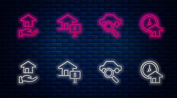 Set line House with dollar, Car sharing, Realtor and Time is money. Glowing neon icon on brick wall. Vector —  Vetores de Stock