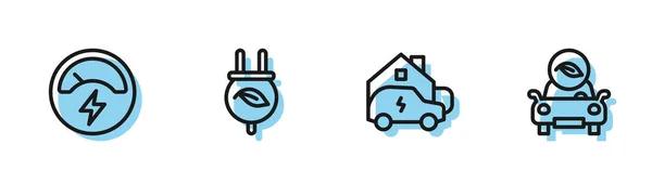 Set line Charging car at home, Voltmeter, Electric saving plug leaf and Eco icon. Vector — Διανυσματικό Αρχείο