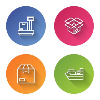 Set line Scale with cardboard box, Unboxing, Carton and Cargo ship boxes delivery. Color circle button. Vector