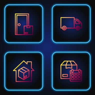 Set line Cardboard box with calendar, Home delivery services, and Delivery cargo truck. Gradient color icons. Vector