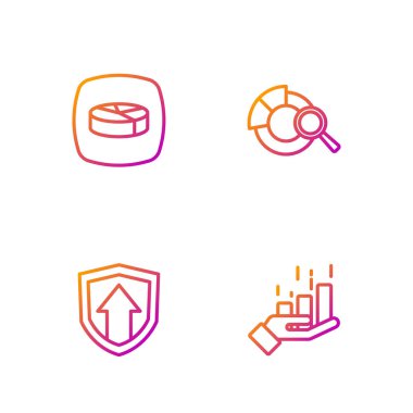 Finansal büyüme, pasta grafiği bilgi ve arama veri analizini ayarla. Renk simgeleri. Vektör