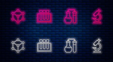 Test tüpü, molekül ve mikroskop ayarlayın. Tuğla duvarda parlayan neon simgesi. Vektör
