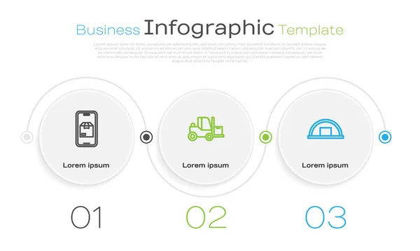 Définir la ligne Suivi de livraison d'applications mobiles, chariot élévateur et entrepôt. Modèle d'infographie d'entreprise. Vecteur — Image vectorielle