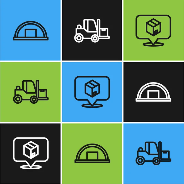 Set line Warehouse, Location with cardboard box and Forklift truck icon. Vector — Stock Vector