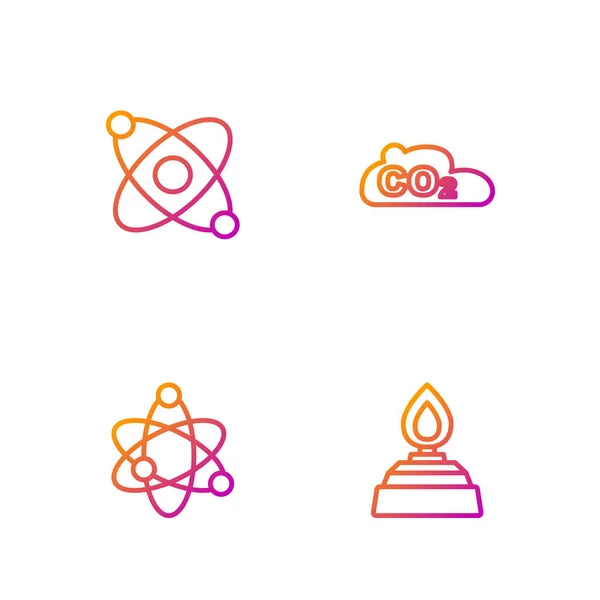 Set line Alcohol or spirit burner, Atom, and CO2 emissions in cloud. Gradient color icons. Vector — Διανυσματικό Αρχείο