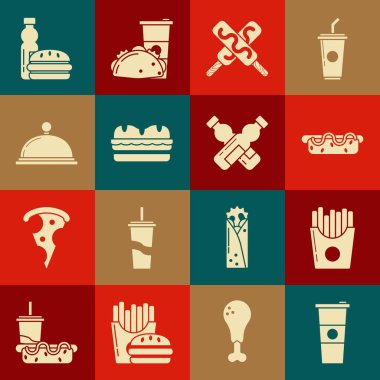 Kağıt bardak ve su, karton pakette patates kızartması, hardallı Hotdog sandviçi, dondurma, sandviç, kaplanmış yemek tepsisi, şişe burger ve çapraz şişe ikonu. Vektör