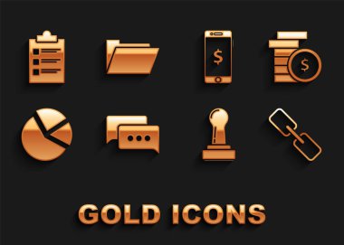 Konuşma baloncuğu sohbetini, dolar sembollü bozuk para parasını, zincir linkini, pul grafiğini, akıllı telefonu, pano kontrol listesini ve belge klasörü simgesini ayarlayın. Vektör