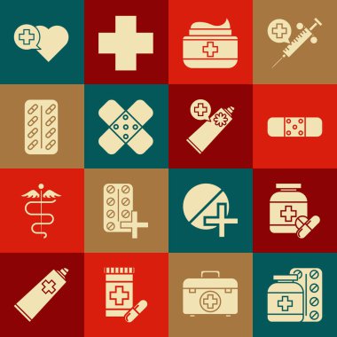 İlaç şişesi ve haplar, bandaj, merhem, krem tüpü, çapraz bandaj, hap, haçlı ve ikonlu kalp. Vektör