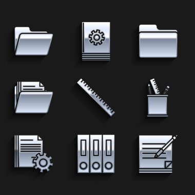 Cetvel, kağıt ve belgeli ofis klasörleri, boş defter kalemi, kalem kutusu kırtasiyesi, Belge ayarları dişlileri ve simge. Vektör