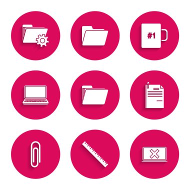 Belge dizini, cetvel, dizüstü bilgisayar ve çapraz işareti ekranda, Dosya döküman atacı, Kağıt, Kahve bardağı ve dişli simgesi ile klasör ayarlarını ayarlayın. Vektör