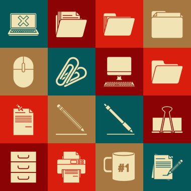 Silgi, Binder şarjörü, Belge dizini, Kağıt, Bilgisayar faresi, Laptop işaretini ekrana getir ve klavye simgesini izle. Vektör