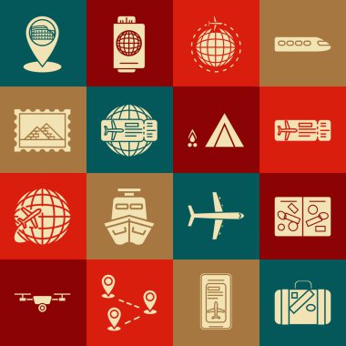 Seyahat ve çıkartmalar için bavul, uçak bileti, Globe uçan uçak, Posta Mısır piramitleri, Harita işaretçisi Kolezyum Roma, İtalya ve Turist çadırı odun yakma ikonu. Vektör