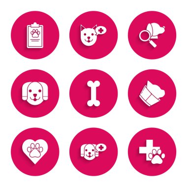 Köpek kemiği, veteriner kliniği sembolü, hayvan ayak izli kalp ve pano tıbbi kayıt ikonu. Vektör