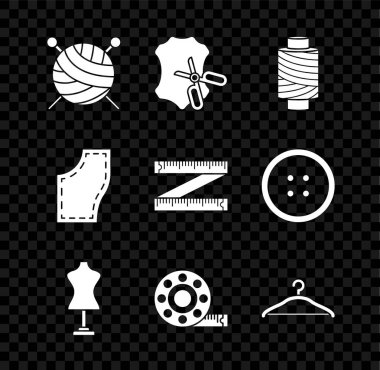 Örgü iğneleri, makas ve deri, dikiş ipliği, makara, manken ölçüsü, mezura, elbise dolabı, desen ve simge. Vektör