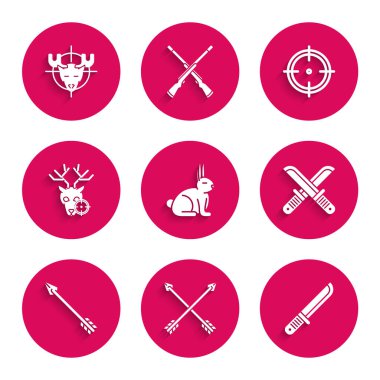 Tavşan, çapraz oklar, avcı bıçağı, avcı, hippi geyik, hedef tahtası, av sporu ve geyik ikonu. Vektör