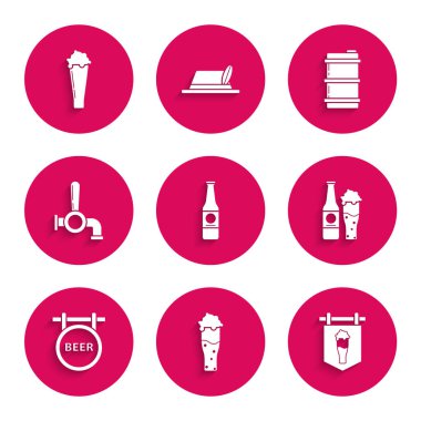 Bira şişesi, bir bardak bira, camlı sokak tabelası ve yazıt, tap, metal fıçı ve ikon. Vektör