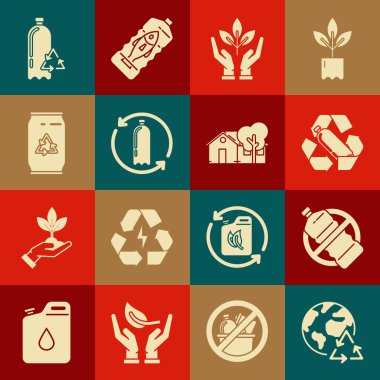 Gezegen toprağı ve geri dönüşüm seti, plastik şişe yok, geri dönüşüm yok, çevre korumasının bitki eli, geri dönüşüm sembollü teneke kutu ve çevre dostu ev ikonu. Vektör