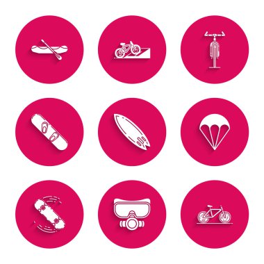 Sörf tahtası, dalış maskesi, bisiklet, paraşüt, kaykay numarası, snowboard ve tekne ikonu. Vektör