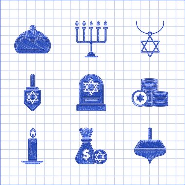 Tombstone 'u David' in yıldızı Yahudi para çantası, para çantası, Hanukkah dreidel, yanan mum şamdanı, Star David kolye zinciri ve tatlı fırın ikonu ile ayarla. Vektör