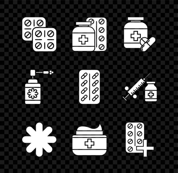 Set Pills in blister pack, Medicine bottle and pills, Cross hospital medical, Ointment cream tube medicine, Medical with nozzle spray and icon. Vector - Stok Vektor