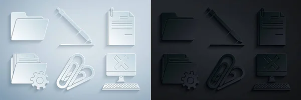 Set Paper clip, File document and paper, Folder settings with gears, Computer keyboard x mark, Pen line and Document folder icon. Vector — Stock Vector