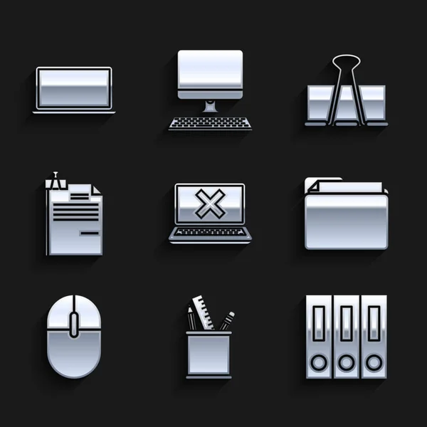 Set Laptop and cross mark on screen, Pencil case stationery, Office folders with papers documents, Document, Computer mouse, File binder clip, Binder and icon. Vector - Stok Vektor