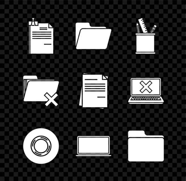 Establecer documento de archivo y clip aglutinante, Carpeta del documento, Papelería del estuche de lápiz, Escocés, Ordenador portátil, Eliminar e icono. Vector — Archivo Imágenes Vectoriales