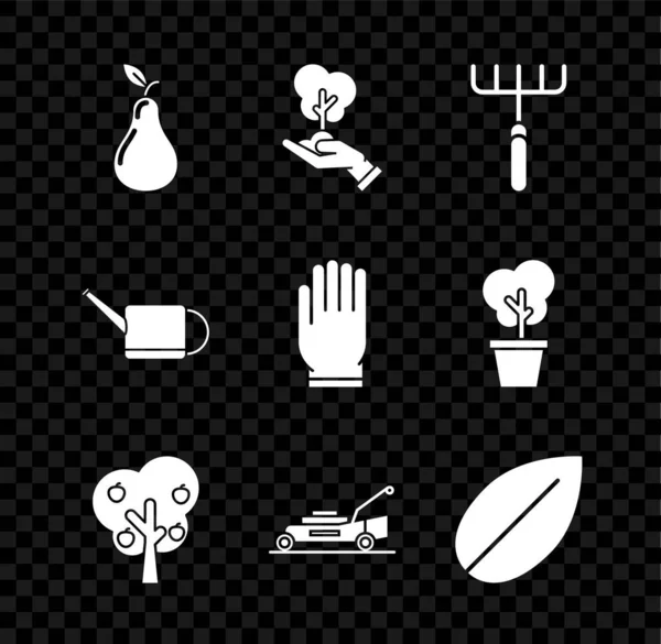 Set Pera, Árbol en mano de protección ambiental, Rastrillo de jardín, con manzana, Cortacésped, Hoja, Bote de riego e icono de guantes. Vector — Vector de stock